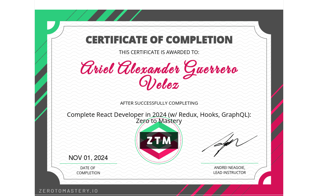 Certificado de finalización: Complete React Developer in 2024, Zero To Mastery