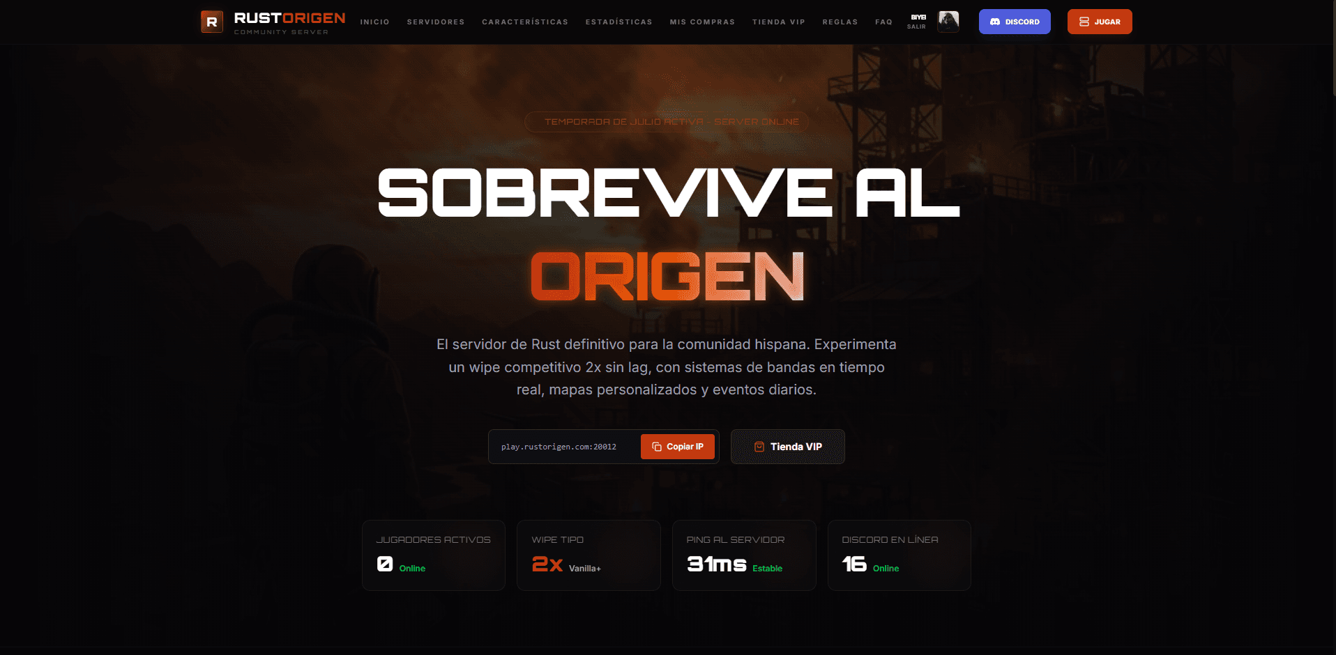 Captura del sitio web de RustOrigen
